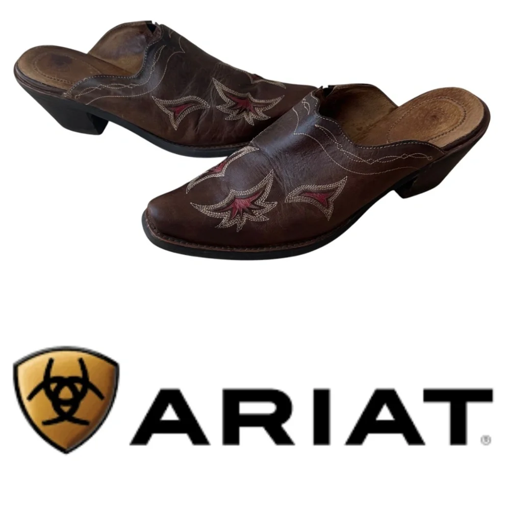 Ariat Manzanita Clogs Mules Shoes Sz 7.5 Western Cowgirl Slip On Brown Leather - Picture 2 of 9